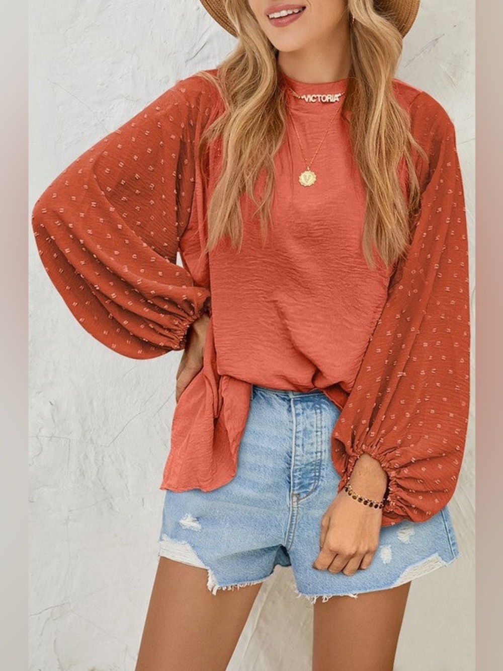Orange Swiss Dot Balloon Sleeve Blouse XL Boho Lightweight